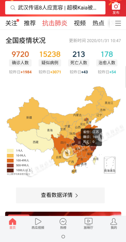 照这速度,明天全国就要破万了,我们江苏比昨天确诊人数也增加了